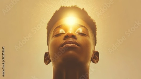 Fototapeta A young man with a sun on his head. The sun is shining on his face and he is looking up