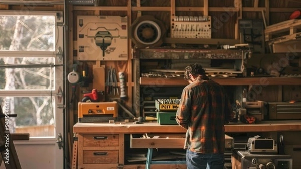 Obraz Man working in a woodworking shop, surrounded by tools and materials.