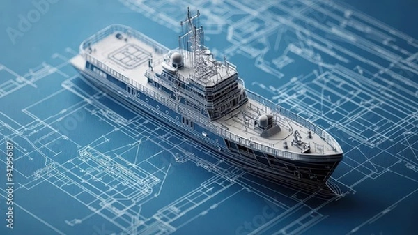 Fototapeta Detailed blueprint of a ship with clear framework lines, intricate naval architecture