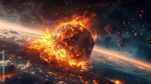 Obraz A Fiery Meteor Impacting an Alien World Amid Explosive Celestial Chaos