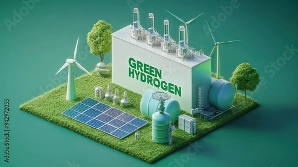 Fototapeta Green Hydrogen factory concept. Hydrogen production from renewable energy sources. green production plant for a sensible futuristic. modern clean technology concept.