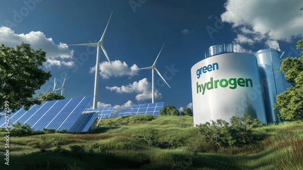 Fototapeta Green Hydrogen factory concept. Hydrogen production from renewable energy sources. green production plant for a sensible futuristic. modern clean technology concept.
