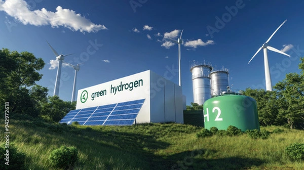 Fototapeta Green Hydrogen factory concept. Hydrogen production from renewable energy sources. green production plant for a sensible futuristic. modern clean technology concept.