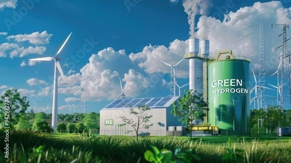 Fototapeta Green Hydrogen factory concept. Hydrogen production from renewable energy sources. green production plant for a sensible futuristic. modern clean technology concept.