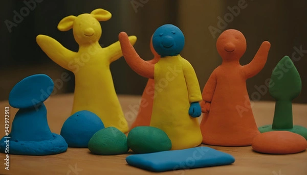 Fototapeta Colorful claymation figures waving on tabletop