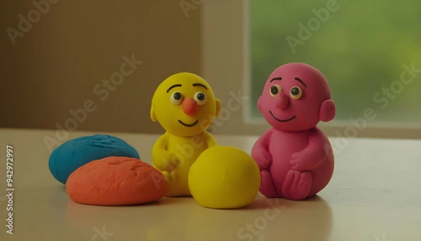 Fototapeta Two funny claymation characters sitting on a table