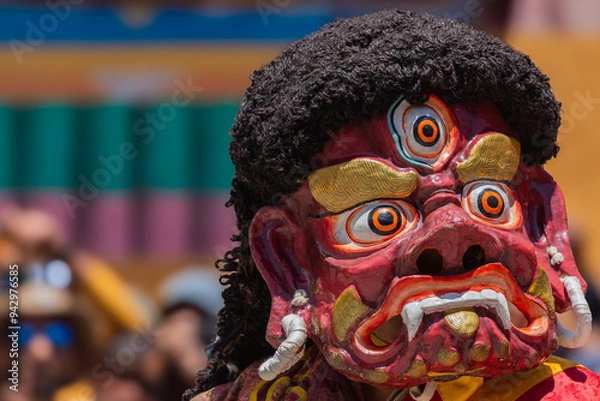 Fototapeta Close up of a colorful mask worn by Buddhist monks during Hemis Monastery festival at Leh, Ladakh India.