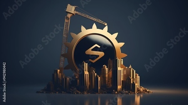 Obraz A sleek construction site logo with a gear and a rising building