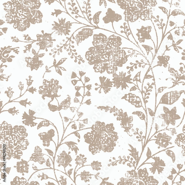 Obraz flower print dyed linen texture background. Seamless woven repeat batik pattern swatch. Floral organic distressed block print all over