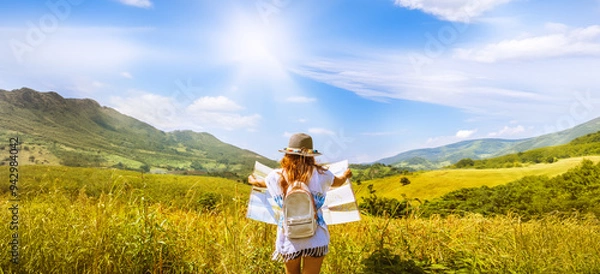 Obraz Asian women travel Rice fields green On the mountains in the holiday. happy and enjoying a beautiful nature. Rice fields Golden. Travel with a map of Asian girls. summer