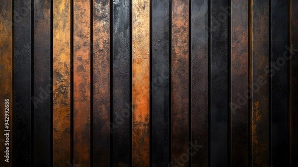 Fototapeta A textured background with an abstract pattern of wooden slats at different depths, set against a dark surface, illustrating a contemporary design concept 