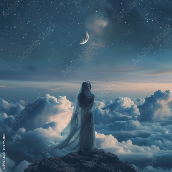 Fototapeta An angel statue silhouetted against a sunset sky, capturing a serene religious moment with a holy and artistic touch