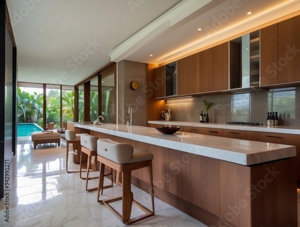 Fototapeta Modern Kitchen with Island, Bar Stools, and Pool View