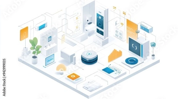 Fototapeta Smart home technology isometric illustration with connected devices, appliances, and data visualizations.