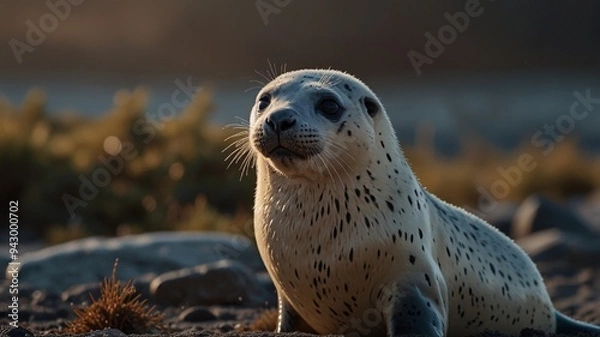 Fototapeta a seal is sitting on the ground with the sun behind him.