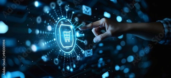 Fototapeta a businessman or an ordinary person touches a digital virtual hologram icon or shopping cart symbol with his hand, online shopping, e commerce