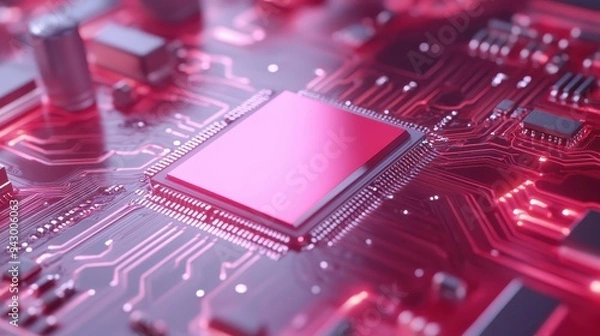 Fototapeta A close up of a computer chip with a red background. The chip is the central part of the computer and is surrounded by a red frame. Concept of technology and innovation, as well as a futuristic