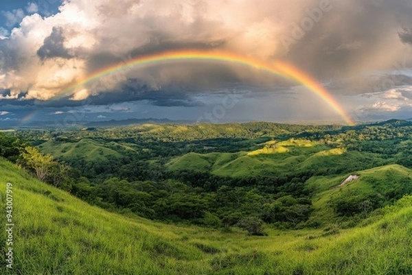 Fototapeta Scenic Landscape with Rainbow Over Rolling Hills and Valleys