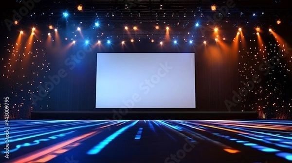 Fototapeta Empty Event Stage with Expansive Blank Projection Screen and Professional Design for Business Presentations