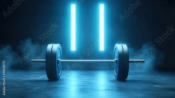 Fototapeta A barbell rests on dark gym floor, illuminated by blue lights, creating dramatic atmosphere. scene conveys strength and determination. 