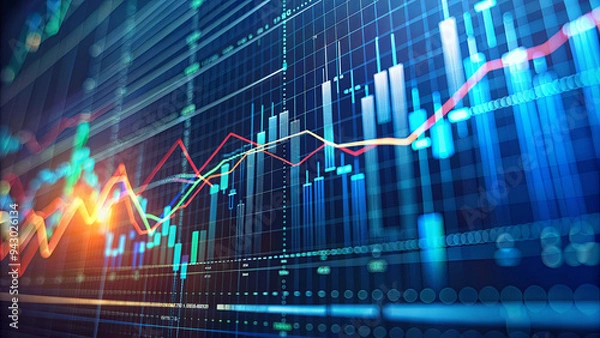 Fototapeta A vibrant digital graph presents fluctuating stock market trends, showcasing colorful lines representing prices and indicators over time, ideal for financial analysis