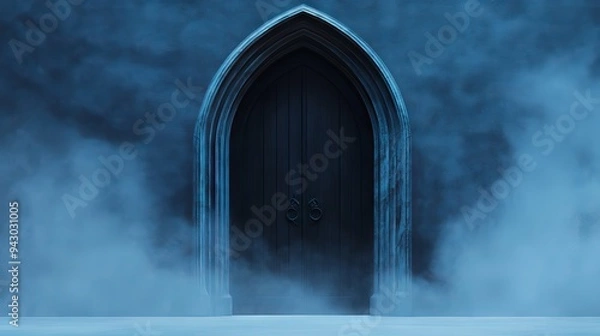 Fototapeta A mysterious gothic door surrounded by fog, creating a dark and eerie atmosphere, perfect for fantasy or horror themes.