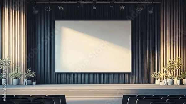 Fototapeta Empty Business Conference Stage with Expansive Blank Screen and Minimalist Decor for Presentations