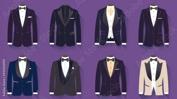 Fototapeta A refined set of men's tuxedo jackets in vector format, featuring formal wear designs isolated on a deep purple background. 