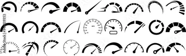 Fototapeta Speedometer speed vector icon set, gauge meter, dashboard elements for automotive, speed measurement. Vector set for car speed, fuel, RPM, tachometer. Black speed dials
