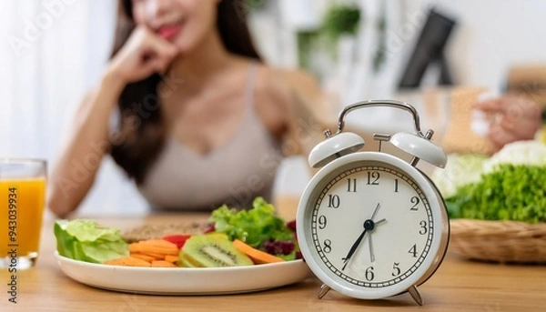 Fototapeta Close up on clock and people feeling hungry waiting time to eat during intermittent fasting diet session, Intermittent fasting concept.