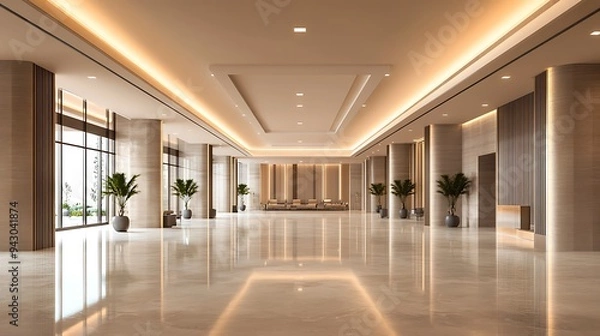 Fototapeta Opulent Empty Reception Hall with Expansive Layout, Modern Architectural Details, and Subtle Lighting Accents