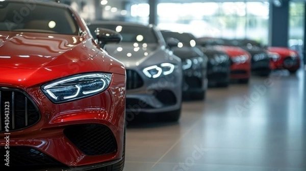 Obraz Luxury cars lineup in a showroom, with emphasis on the red car in the front. The background is blurred, highlighting the cars. Concept of luxury, individuality, discrimination