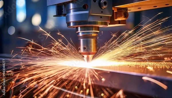 Fototapeta Metal Cutting Machine in Manufacturing Industry with Sparks. sparks from a grinder.