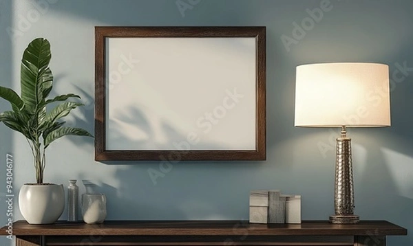 Fototapeta A wide-angle shot of a mahogany wood picture frame on a stylish console table, with sophisticated lighting that enhances the frame’s minimalist design and elegant decor