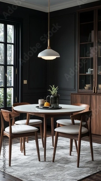 Fototapeta Mid-century modern dining table with four chairs in elegant dining room with dark walls
