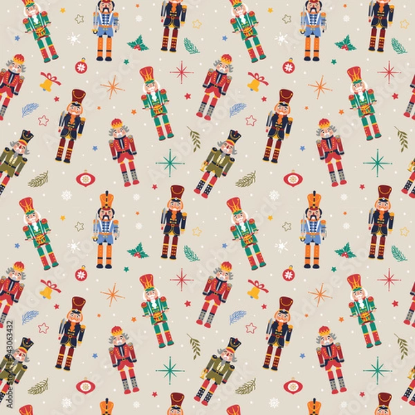 Obraz Seamless Christmas Pattern with Nutcrackers in Vector on beige.