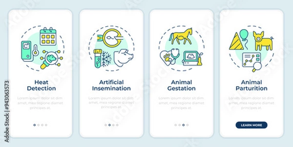 Fototapeta Animal reproduction onboarding mobile app screen. Walkthrough 4 steps editable graphic instructions with linear concepts. UI, UX, GUI template. Montserrat SemiBold, Regular fonts used