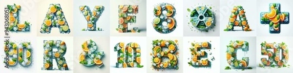 Obraz Ice cubes and mints and citrus Lettering Typeface. AI generated illustration