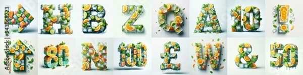 Obraz Ice cubes and mints and citrus Lettering Typeface. AI generated illustration