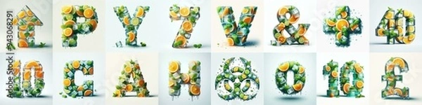 Obraz Ice cubes and mints and citrus Lettering Typeface. AI generated illustration