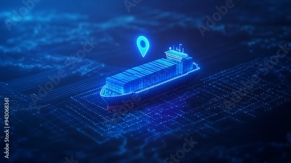 Fototapeta Futuristic hologram of a cargo ship with a location pin, symbolizing global shipping logistics and maritime navigation technology.