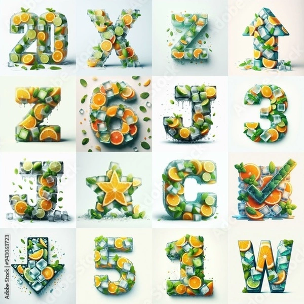 Fototapeta Ice cubes and mints and citrus Lettering Typeface. AI generated illustration