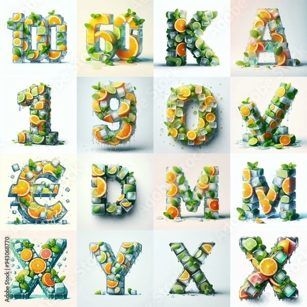 Fototapeta Ice cubes and mints and citrus Lettering Typeface. AI generated illustration