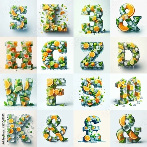 Fototapeta Ice cubes and mints and citrus Lettering Typeface. AI generated illustration