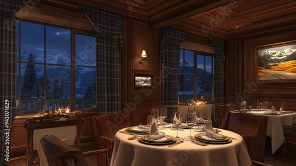 Fototapeta A cozy, elegant restaurant setting with a mountain view, perfect for fine dining at night.