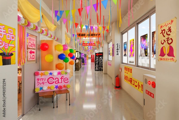 Obraz 賑やかに飾り付けられた文化祭当日の廊下 / スクールイベント・学園ロケーション・青春とノスタルジーのコンセプトイメージ / 3Dレンダリング