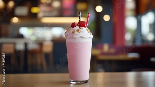 Fototapeta A refreshing pink milkshake topped with whipped cream, raspberries, and a sprinkle of granola, served in a glass.