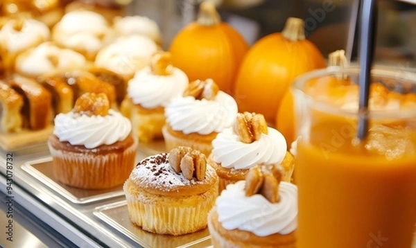 Fototapeta pumpkin-flavored pastries and beverages prominently displayed in Parisian ,Generative AI