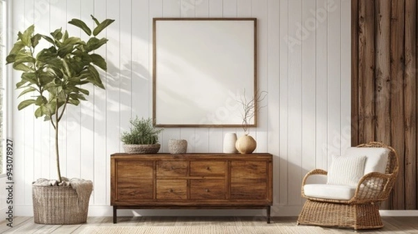 Fototapeta A cozy living space featuring a wooden sideboard, decorative plants, and a comfortable chair, ideal for relaxation.