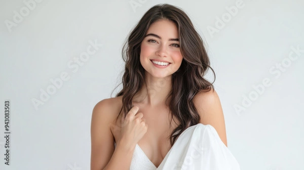 Fototapeta young women in elegant white dresses, blending casual gala vibes with a hint of teen party energy. The white backdrop complements the happy, relaxed, and slightly playful mood of the shoot.